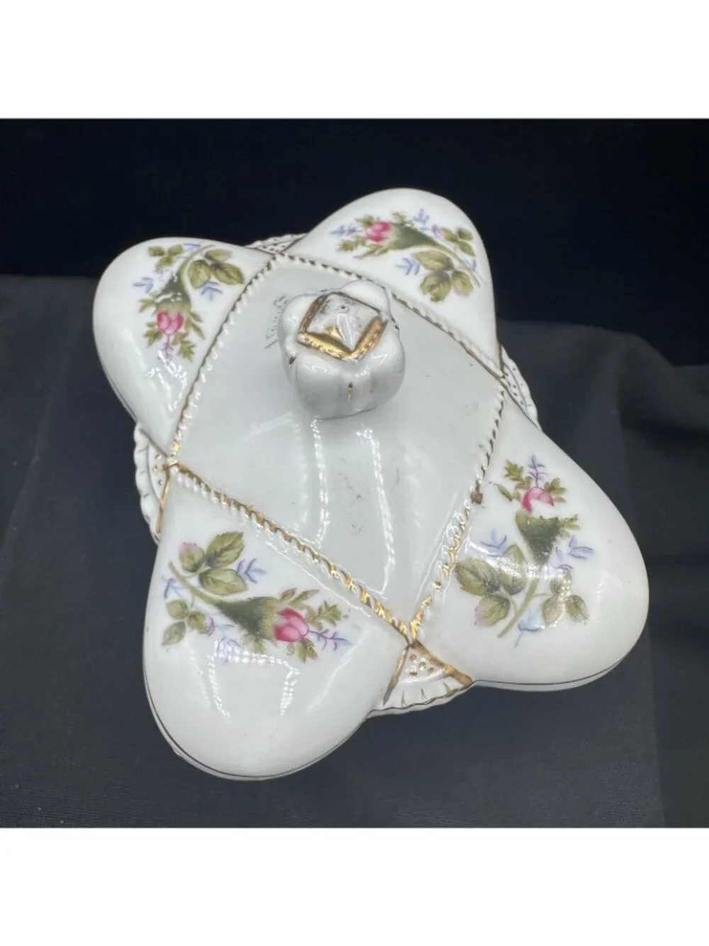 Vintage Japan Porcelain Trinket Box Pink Roses Gold Trim Footed Lidded Floral
